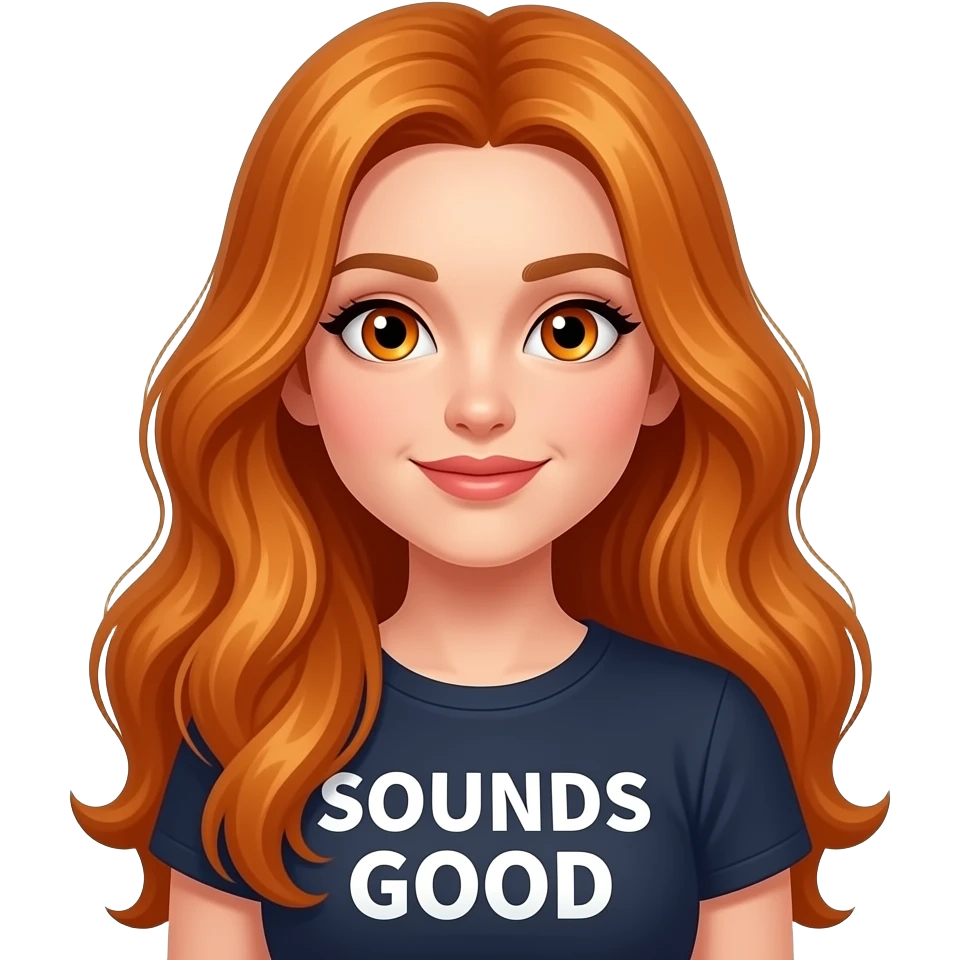 sexy girl with overlong ginger hair and ginger eyes a top with SOUNDS GOOD written on it emoji