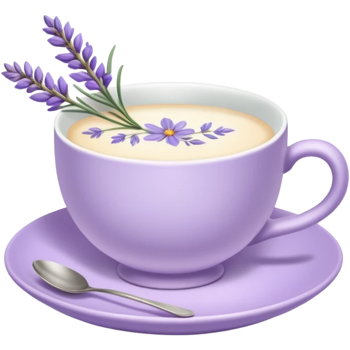 White teacup on a pastel purple plate, lavender flowers on the side, pastelcore aesthetic, cottagecore emoji