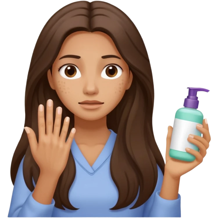 A long-haired woman is hesitating to choose skincare products. Her left hand holds skincare products and her right hand holds skincare products. She is showing hesitant expressions on her face. Her face has acne and is dry. emoji