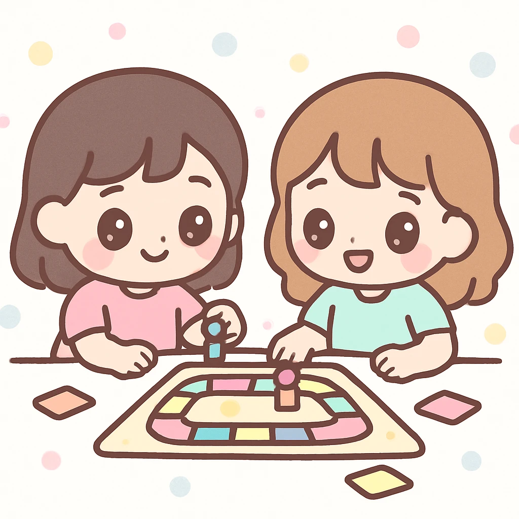 asian girl and friend playing a boardgame, kawaii style, cute and playful emoji