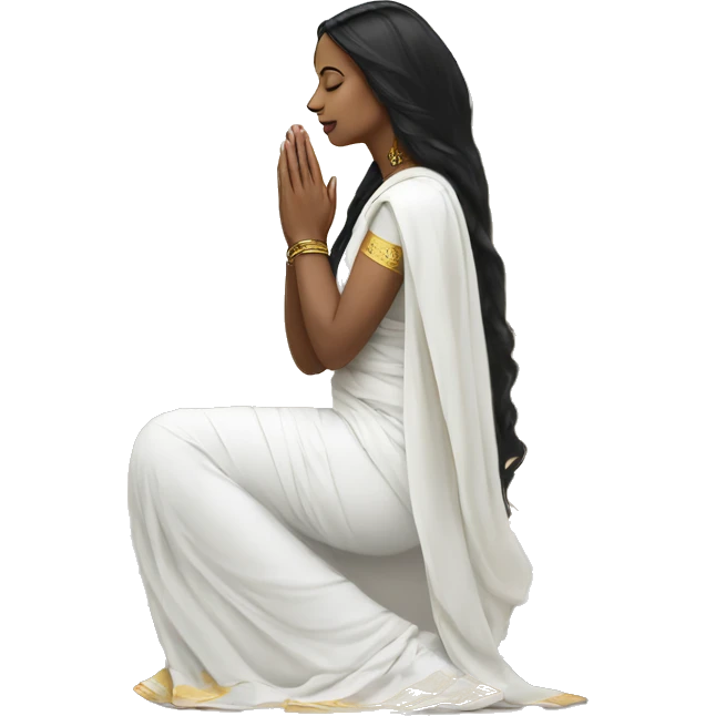 Light skin ;Black long hair wearing white saree praying infront a white temple emoji