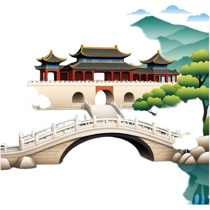 Summer Palace in Beijing with lake and bridge, Chinese garden architecture, emoji style emoji