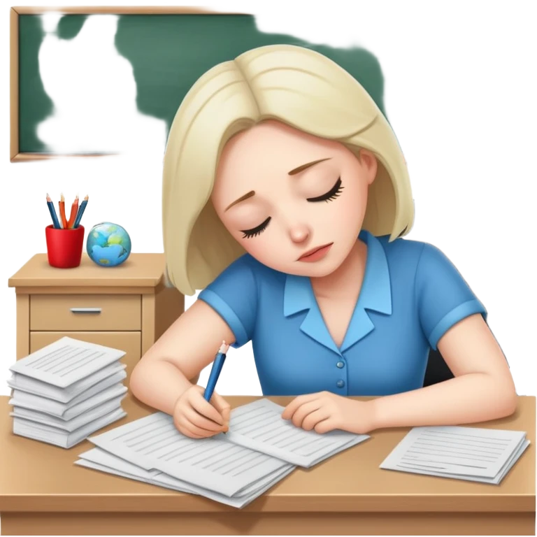 Exhausted female teacher napping at classroom desk with papers emoji