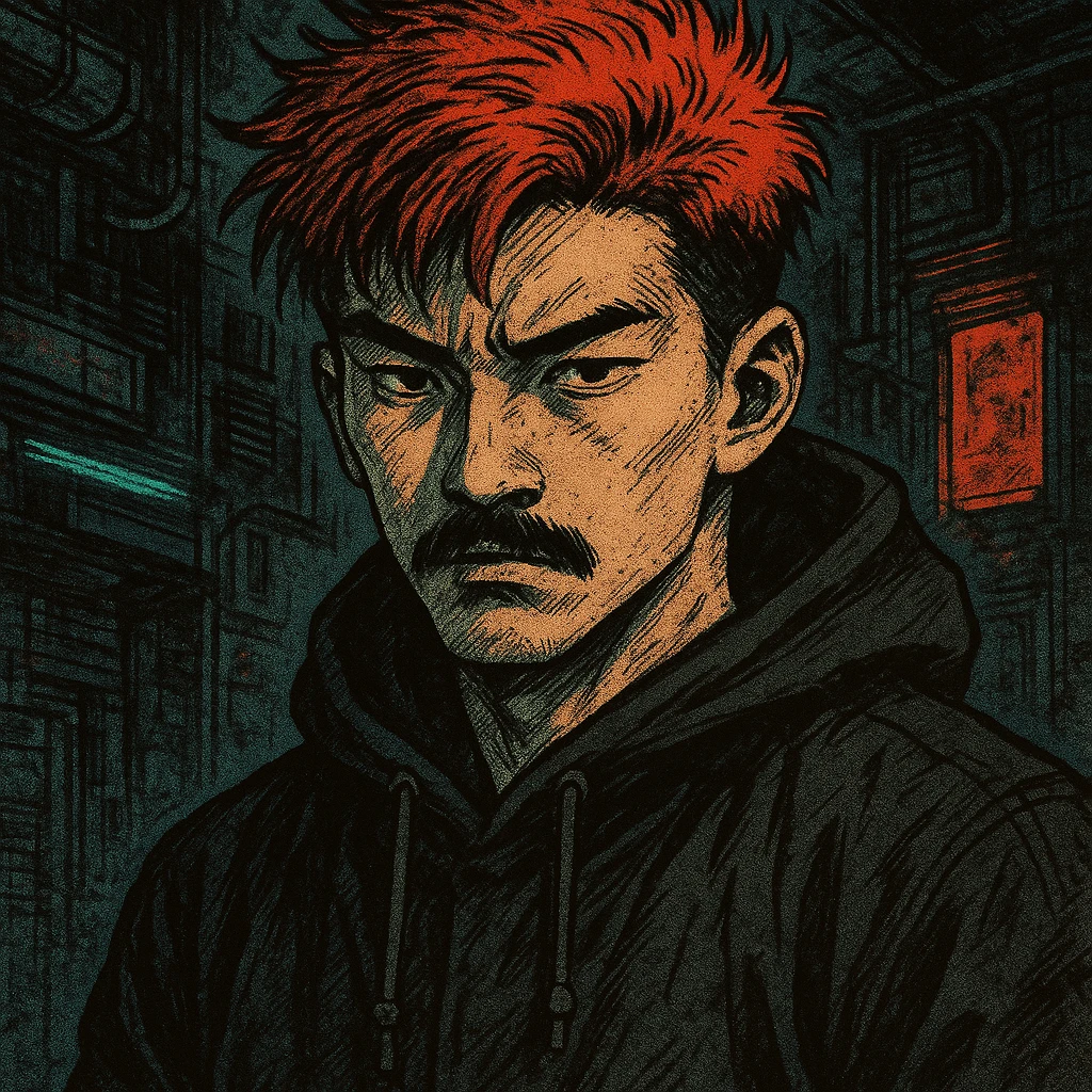 Asian man with black mustache, red hair, black hoodie, gritty cyberpunk manga style, inspired by 90s Japanese comics, moody lighting emoji