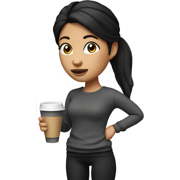 3d doll casual standing with coffee in her hand, black hair ponytail, leggins black and sweater emoji