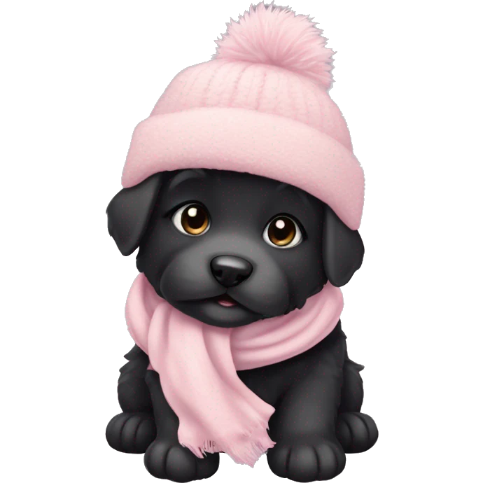 fluffy chubby black puppy with pale pink winter hat pale pink scarf emoji