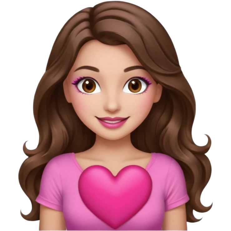 girl with long wavy brown hair, brown eyes, long lashes makeup, sexy pink lips, light to medium complexion, wearing a pink sexy top, smiling, holding a big heart emoji