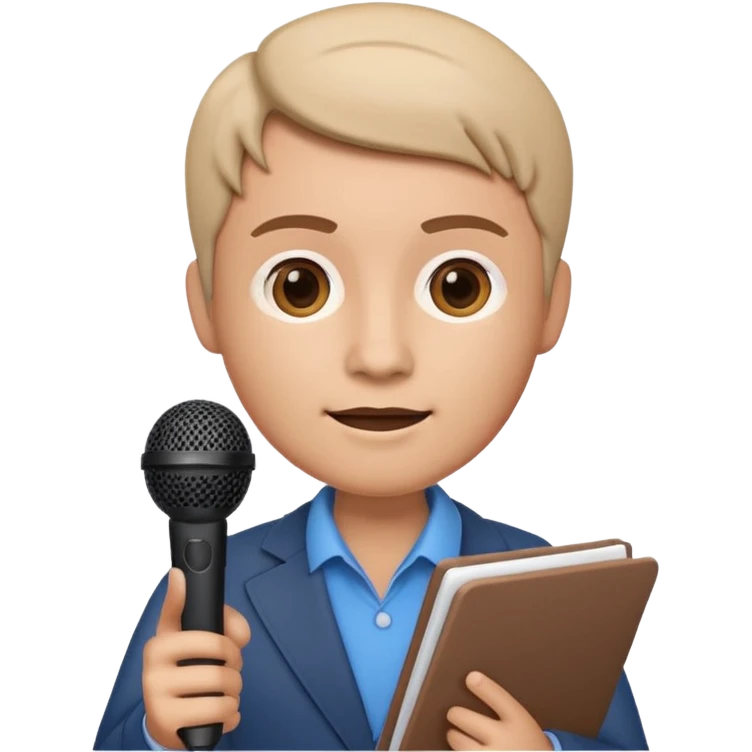 Apple Memoji-style 3D emoji of a journalist holding a microphone and notepad, smooth gradients, rounded shapes, no background. emoji