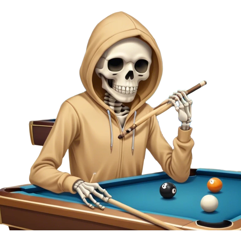 A skeleton in￼ hoodie with pool, Cue emoji