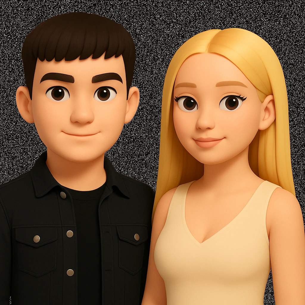 Slightly increase the volume of the upper body of the girl, significantly spread them apart from each other, make the skin color the same for both characters, keep the cartoonish 3D style as in the reference image. emoji