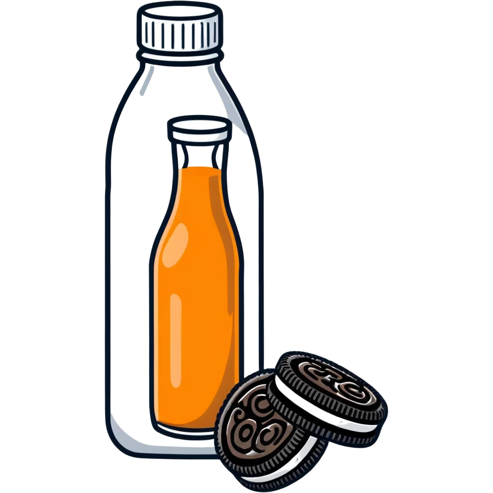 orange juice bottle being cut in half by Oreo cookies emoji
