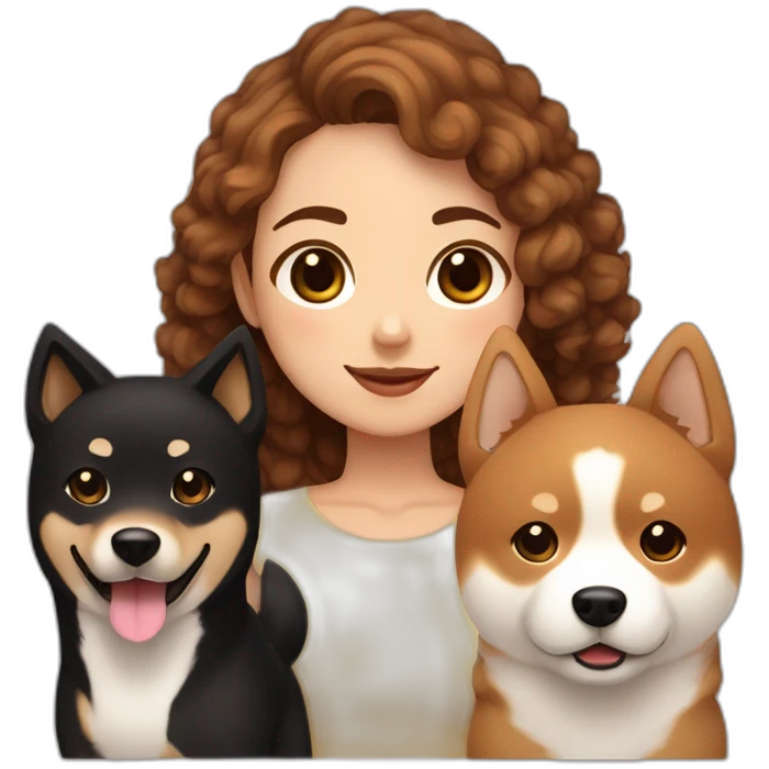 curly browned hair girl with a black shiba inu and a normal shiba inu emoji