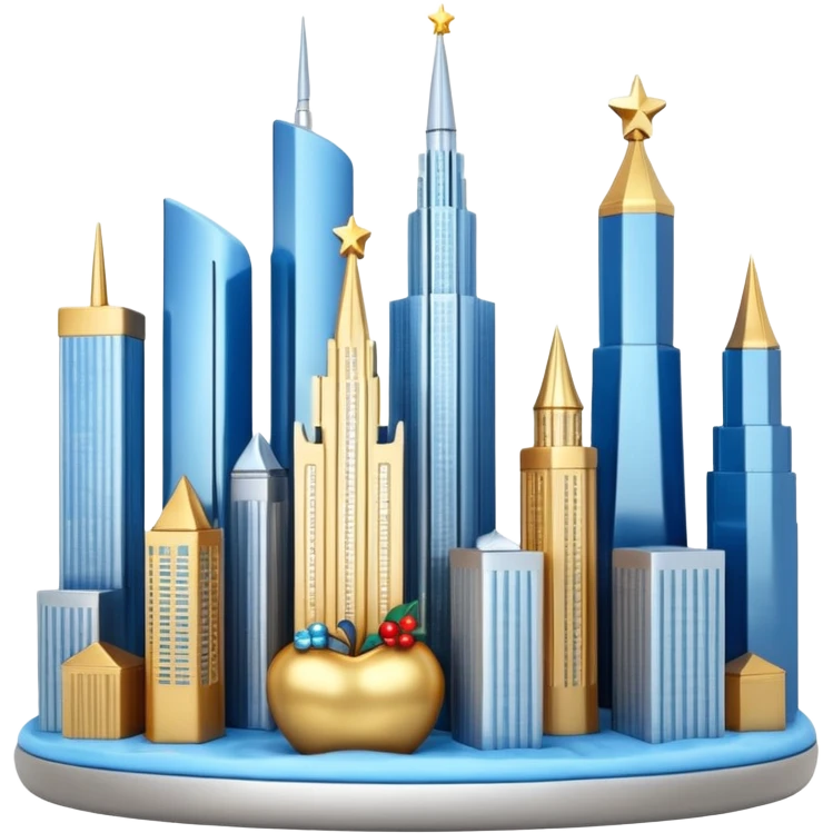 3D emoji of Moscow City business district skyline. A cluster of stylized skyscrapers with different shapes (gold, blue, silver). Decorated with tiny glowing Christmas lights. Soft 3D render, clay and glass textures, Apple aesthetic, isolated on a white background. emoji