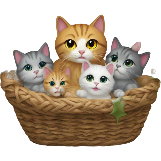 Cat Christmas nativity scene mother cat and 5 kittens in a basket emoji
