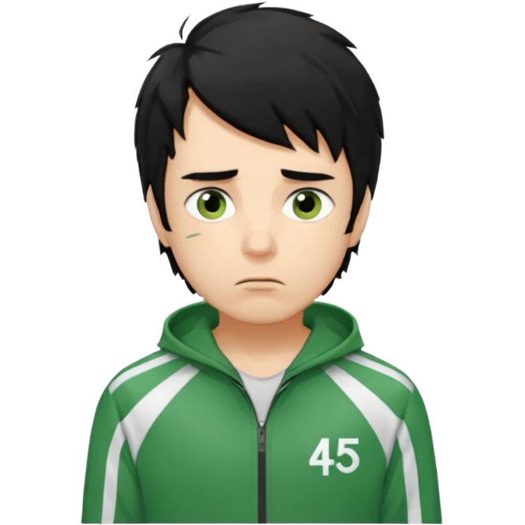 squid game player 456
Hair: Messy, medium-length black hair 🖤💇‍♂️
Face: Tired eyes, often anxious or nervous look 😟👀
Clothes: Green tracksuit with white stripes 🟢👟 (number 456 on his chest)


 emoji