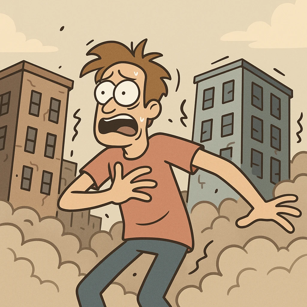 an earthquake, cartoon style, buildings shaking, dust clouds emoji