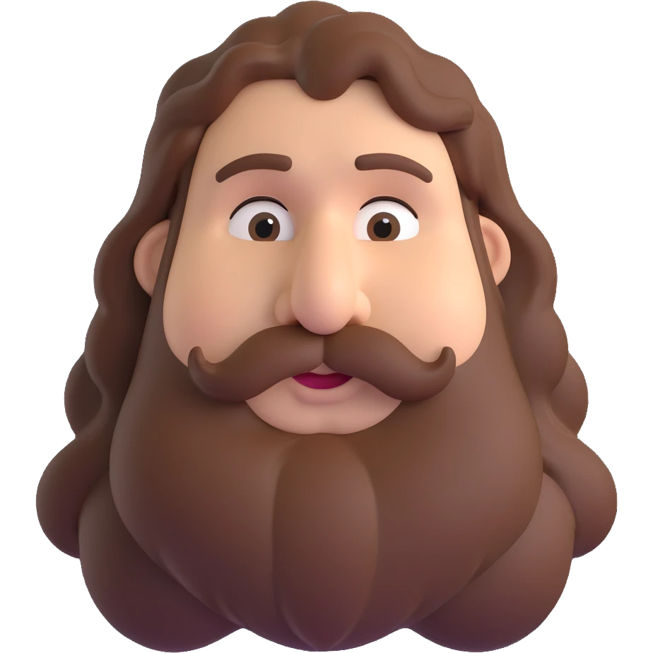 chubby man with brown wavy long hair and a big nose emoji
