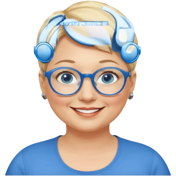 woman 50 years old, very short blonde hair, blue eyes and blue round glasses smile and overweight emoji