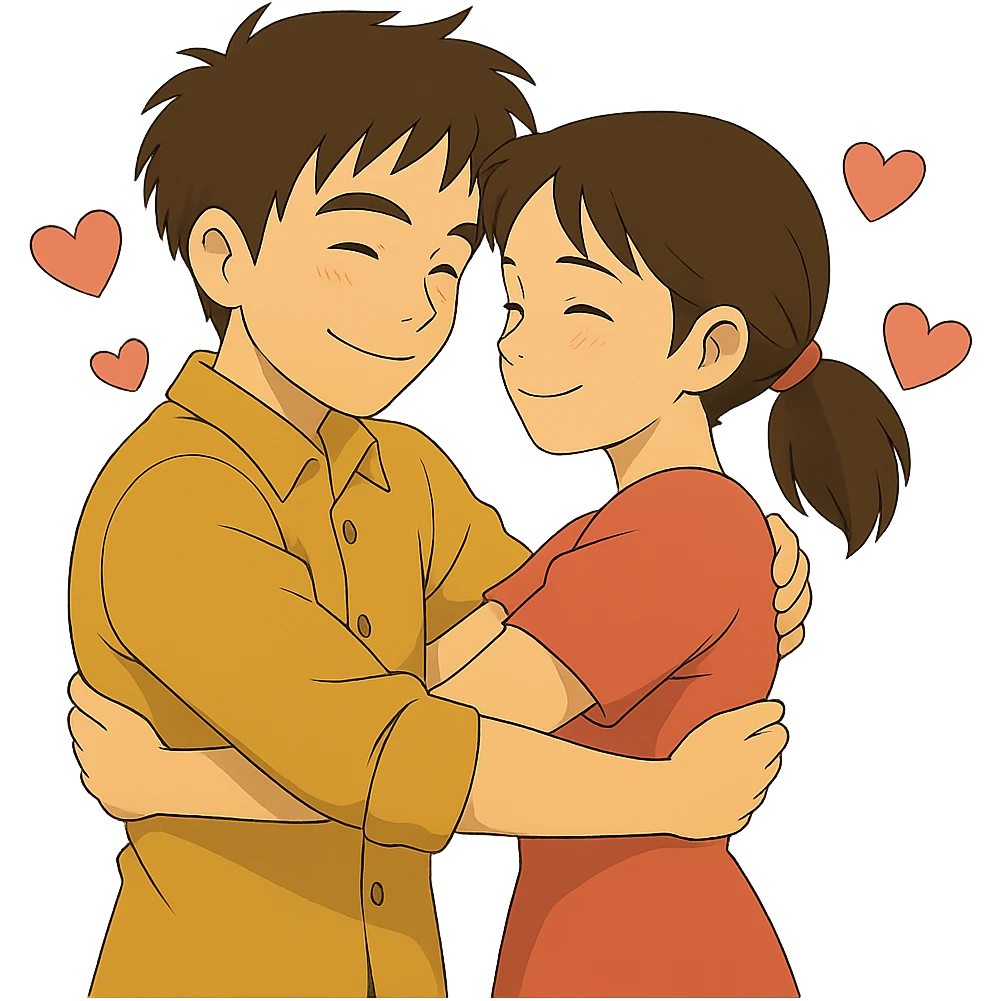 Transform this man and woman into a loving couple in Ghibli style, hugging with hearts around them, show clear affection and warmth emoji