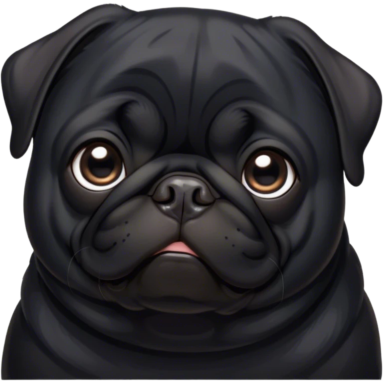 Cinematic Noble Black Pug Portrait Emoji, Poised and regal, with a compact, sturdy build and a sleek, shiny pure black coat, deep-set soulful dark eyes, Simplified yet sharp and sophisticated features, highly detailed, glowing with a soft, dignified glow, high shine, intelligent and spirited, stylized with an air of confidence, focused and attentive, soft glowing outline, capturing the essence of a watchful and commanding companion, so majestic it feels as though it could prance out of the screen with effortless authority! emoji