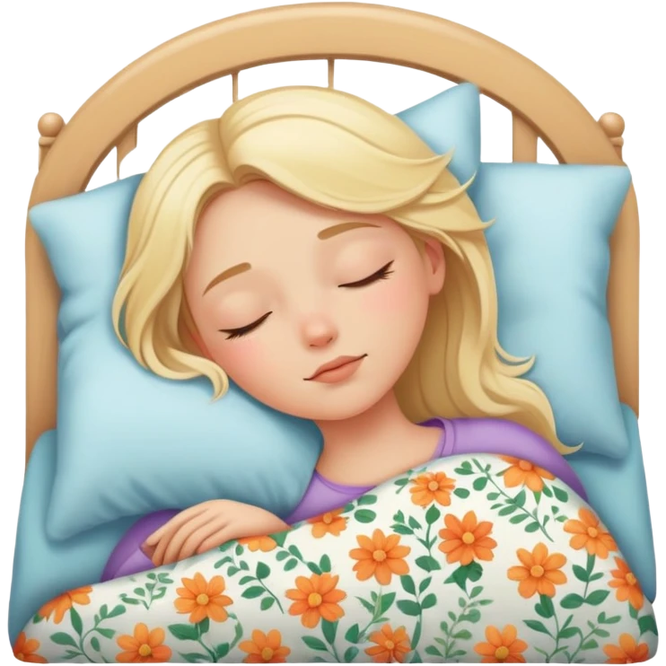 Blonde girl beautiful finish sleeping on her bed with floral design  emoji