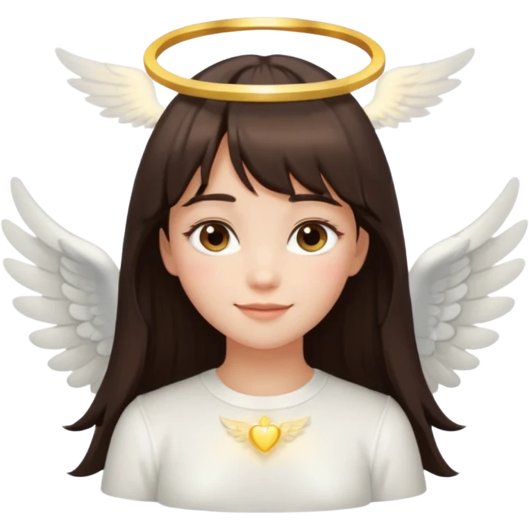 long dark brown haired girl with bangs and lashes as an angel, glowing halo, small white wings, soft smile, inspired by iOS 18 girl emoji style emoji
