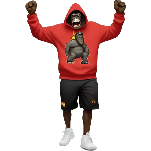 king kong dancing with a "HOODRICH" HOODIE, black shorts and nike tn shoes and a bumbag around his shoulder emoji