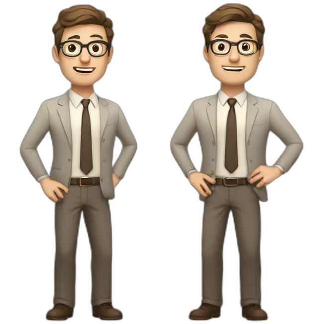 To belt Actively gesturing with hands Pale skinned fit man with dark brown hair in gray jacket, beige office shirt, brown tie, brown pants and vintage glasses. emoji