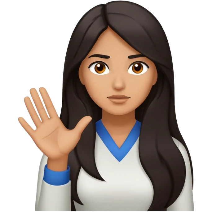 Hispanic woman with long hair, determined, one hand out motioning to stop emoji