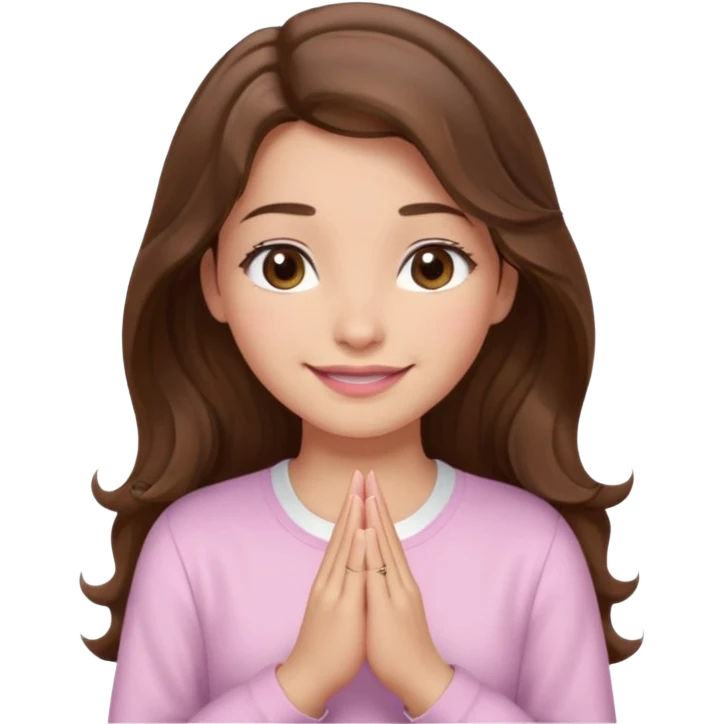 girl with wavy long brown hair, brown eyes, light to medium complexion, long lashes, light pink lipstick, praying, smiling, wearing light pink shirt emoji