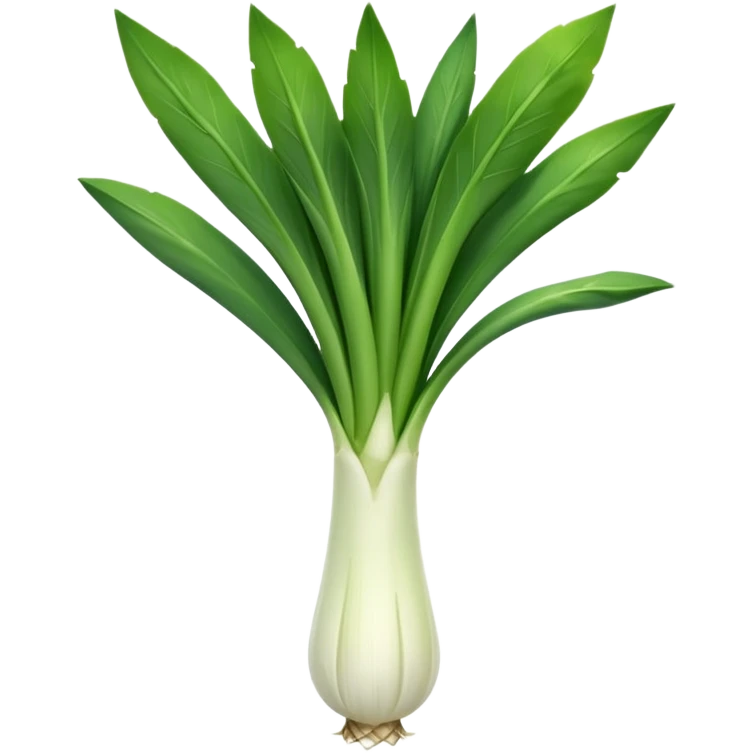 whole leek, long white stalk fading to green leaves, open and layered, slightly curved, fine roots at base, clean and crisp, 3D clean style, transparent background emoji