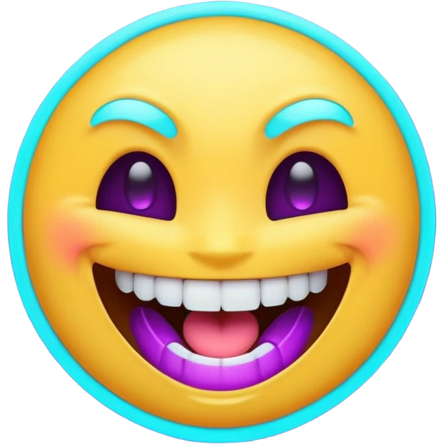 futuristic glowing emoji face laughing wide with glowing teeth, purple and cyan neon light, dark background emoji