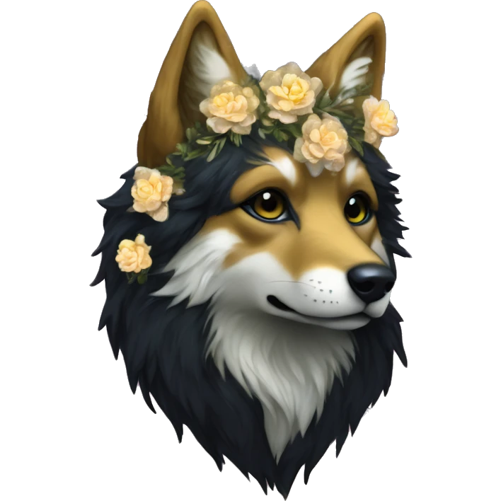 Black iridescent fluffy dog fox head zombie skeleton gold mechanical nebula galaxy stars flowers fairy lights vintage emoji