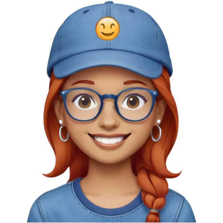 Young person with red hair, glasses, earrings and a wonderful smile, wearing blue clothes, jeans and a cap emoji