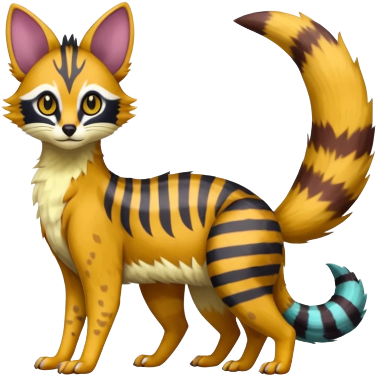 Civet-Genet-Possum-Serval-Caracal-Sergal-Trico-Numbat-Furret-fusion-Fakemon-hybrid-creature (full body) with long tufted ears and a striped tail emoji