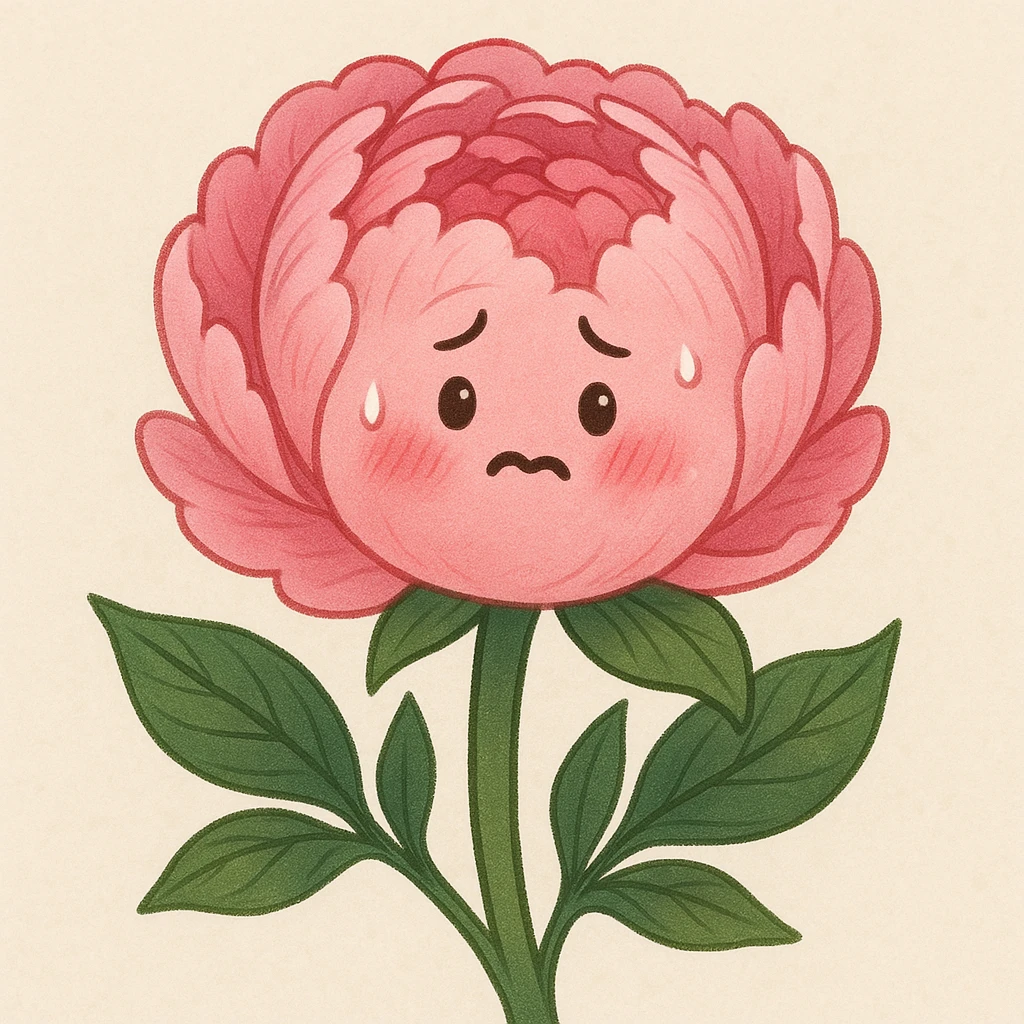 pink peony flower with a round body, blushing cheeks, nervous expression emoji