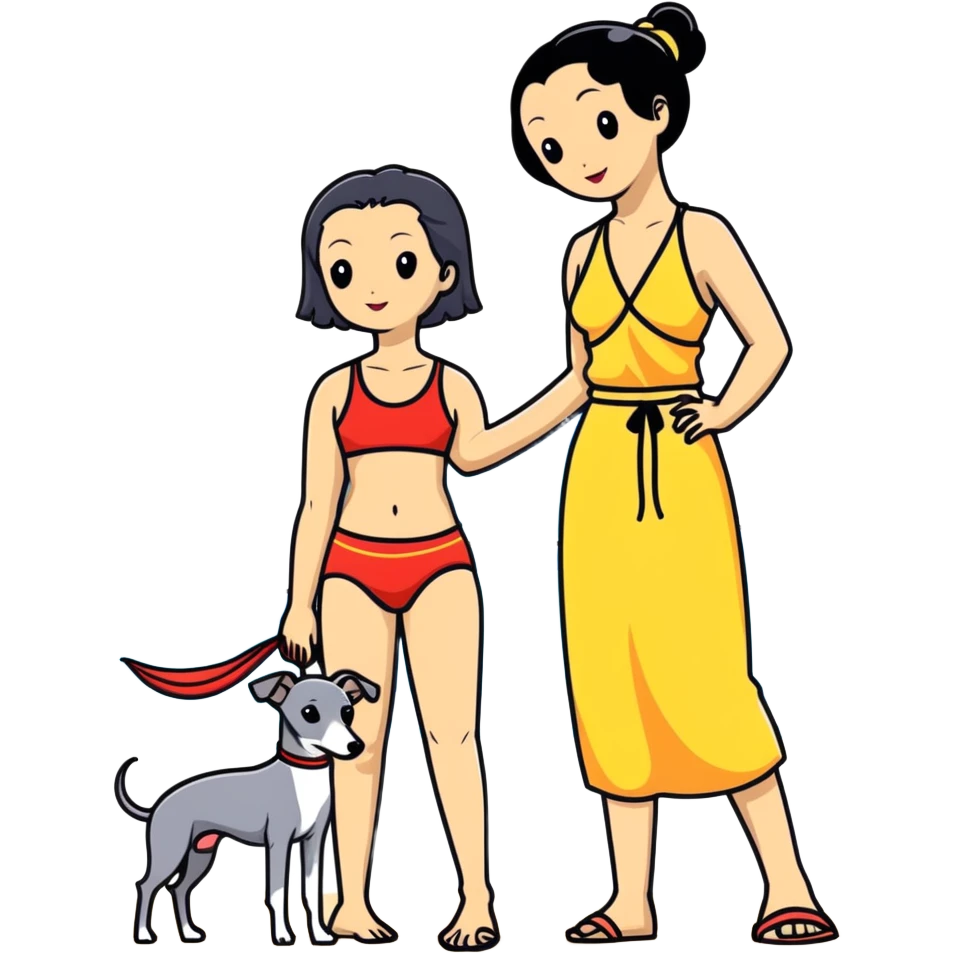Slim Chinese woman with long black hair in beach attire at the beach with her Italian greyhound that is COMPLETELY solid grey, with absolutely NO white markings on face, snout, or anywhere else, single uniform grey color throughout entire dog body emoji