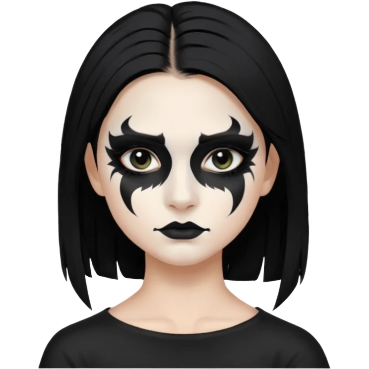 Crea una ragazza con stile black metal,  paint face black metal, capelli neri mossi dalle spalle e occhi bianchi emoji