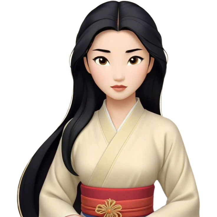Cinematic Realistic Mulan Portrait, depicted with lifelike skin texture, soft natural lighting, and intricately detailed long black hair styled elegantly. Her deep, expressive eyes exude determination and grace, complemented by a serene yet confident expression. She is dressed in her classic attire, with rich fabric textures and delicate folds that catch the light beautifully. The portrait features a soft, enchanting glow with a natural, radiant finish, capturing the essence of timeless strength and beauty in a realistic and painterly style, evoking a sense of depth and authenticity. emoji