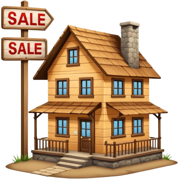 skeuomorphism style, house for sale, emphasis on For Sale sign, For Sale sign needs to be readable in 36 x36 pixels  emoji