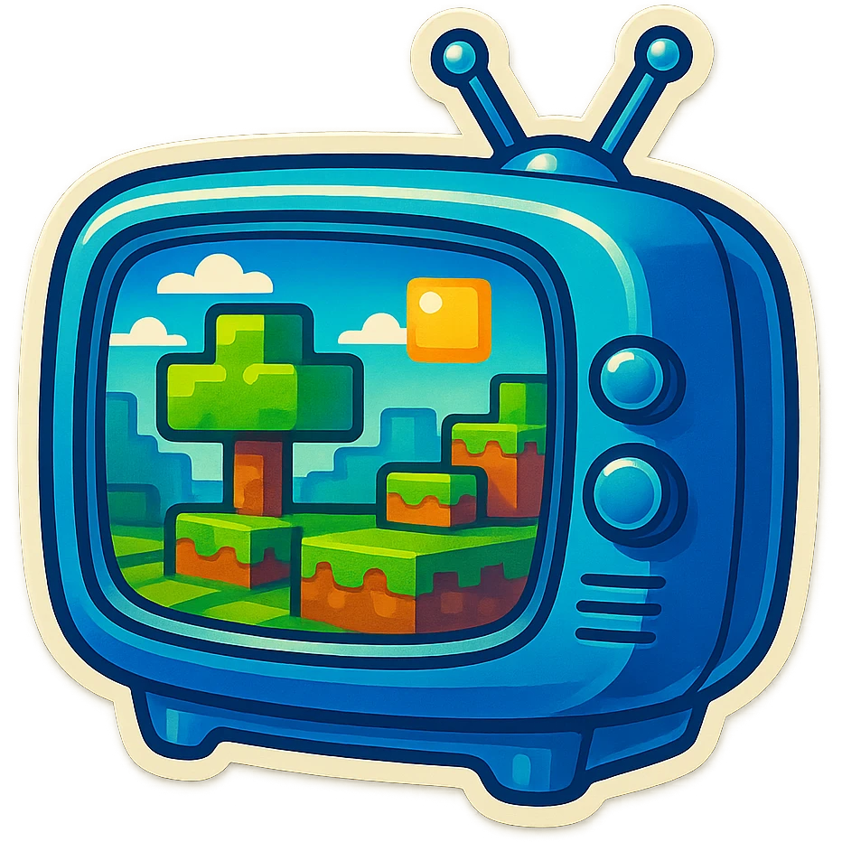 blue retro television showing a fun and bright Minecraft landscape emoji