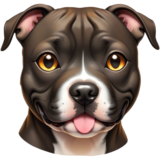 Cinematic Cute Black/Brindle Staffordshire Bull Terrier Portrait Emoji, Head tilted playfully and inquisitively, featuring a glossy Fur with a dynamic mix of black and brindle, round, sparkling dark eyes filled with curiosity, Simplified yet irresistibly adorable features, highly detailed, glowing with a warm, friendly glow, high shine, affectionate and spirited, stylized with a touch of whimsy, bright and endearing, soft glowing outline, capturing the essence of a mischievous yet loving pup, so playful it feels like it could bound out of the screen and into your arms! emoji