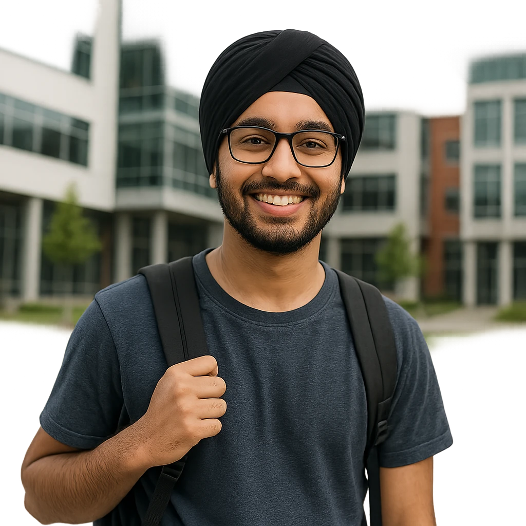 university sikh boy with backpack and glasses, modern campus background, smiling emoji