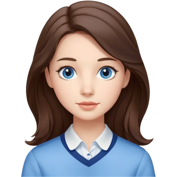 Realistic Student Portrait, with porcelain-like skin featuring a natural rosy flush, iHer Brunette Half-Up Style for Straight  hair flows in soft, Her deep blue eyes radiate warmth and innocence,  wear light blue preppy style. emoji
