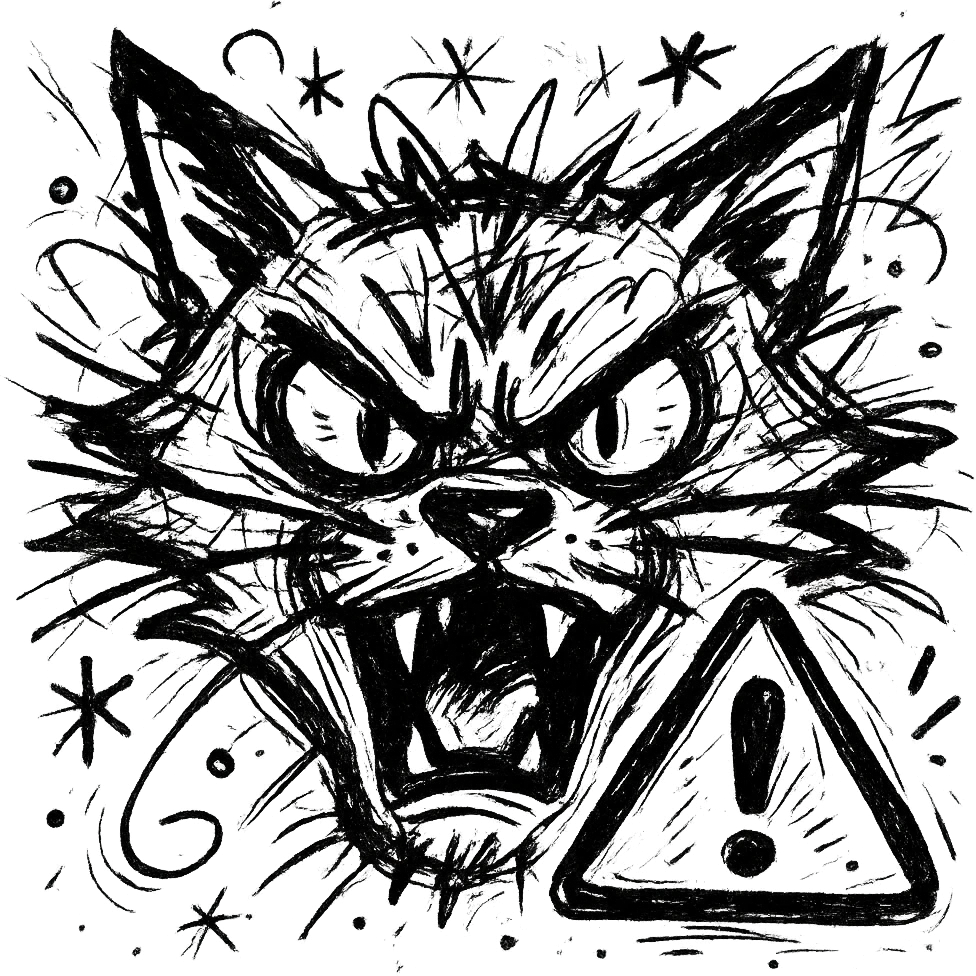 close-up wild cat face with red warning sign, bold dynamic style, referencing League of Legends ultimate ability icon emoji