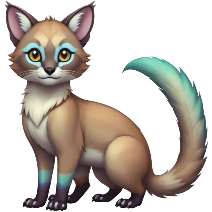 Colorful dark tropical iridescent pastel white glorious divine exotic cute cool beautiful shiny beautiful fantasy-caracal-civet-genet-sergal-vernid-Gryphon-Cacomistle-Trico-oncilla-animal-Fakémon-hybrid-fursona (full body) emoji