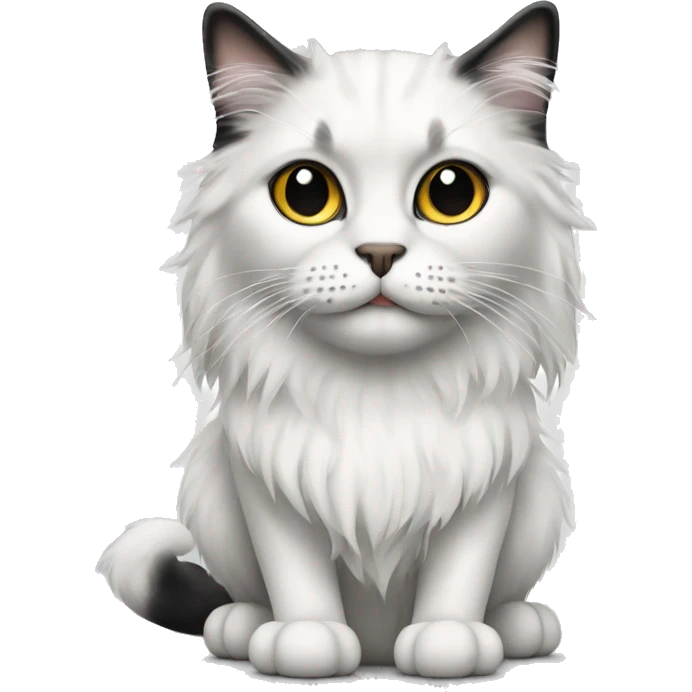 long haired cat white with black spot, The cat is sitting in full height emoji