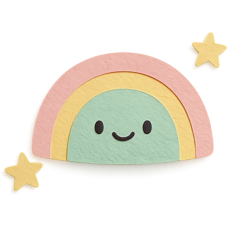 kawaii gentle rainbow arc, tiny star companions, soft pastel colors, no limbs, full body, paper craft style emoji