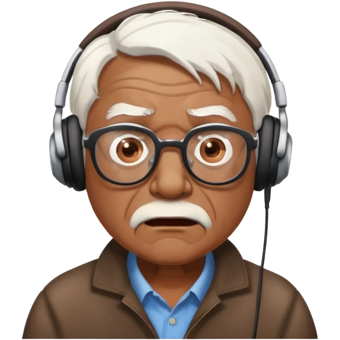 Brown old man with medium white hair, using glasses and headphones looking surprised and angry emoji