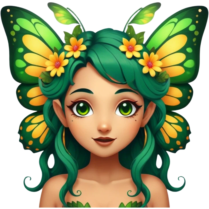 Cinematic Realistic Forest Fairy Portrait, head tilted dramatically with an exaggeratedly amused expression, featuring a striking, nature-infused form with glowing, sun-kissed tanned skin and vividly detailed dark green hair adorned with floral accents. Her expressive eyes brim with playful forest mischief, rendered with vibrant, lifelike textures and dynamic dappled lighting that conveys a spirited, over‐the‐top woodland whimsy showing her large butterfly wings from her back. emoji